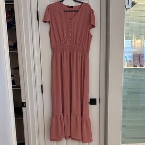 Dusty Rose Midi Dress cap sleeves with cinched waist